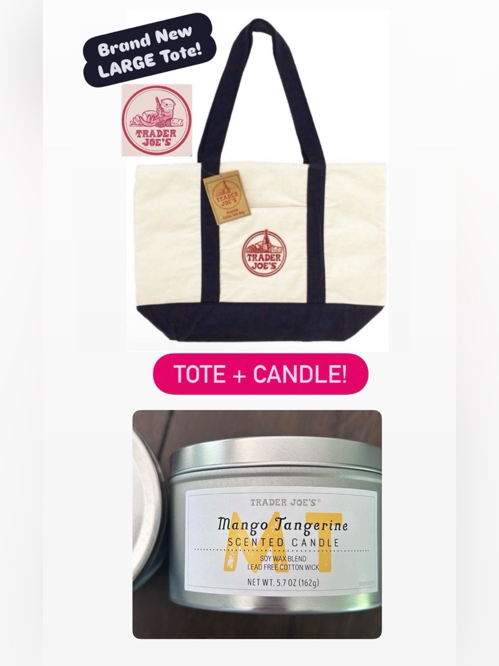 🌺NWT! Trader Joe's Set Large Canvas Cream/Navy Tote and Mango Tangerine Candle